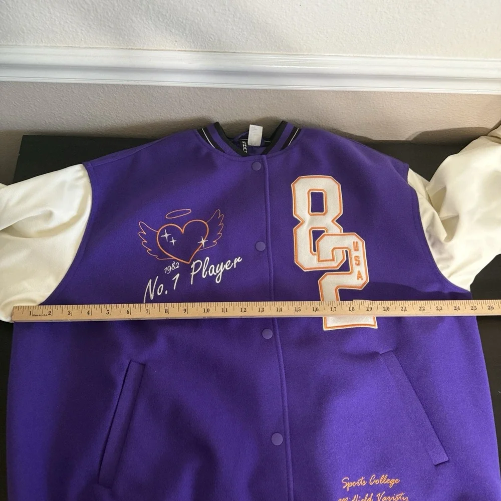 H&M DIVIDED PURPLE TWILL BASEBALL‎ VARSITY LOOSE FIT BOMBER JACKET WOMEN Large